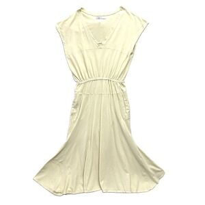 Free People FP Beach Large L Pale Yellow‎ Hemp Elastic Waist Maxi Dress Pockets